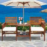 HAPPYGRILL Acacia Wood Loveseat with Table Patio Bistro Set Wooden Table Chairs Set with Cushions, Outdoor Furniture Set with 2.1-inch Umbrella Hole for Garden Balcony HAPPYGRILL