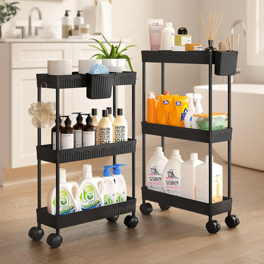 Sevenblue Slim Storage Rolling Cart with Wheels, 2 Pack 3 -Tier Rolling Cart Bathroom Organizers and Storage, Utility Cart for Laundry Room Organization, Bathroom and Kitchen Narrow Places, B - WoodArtSupply