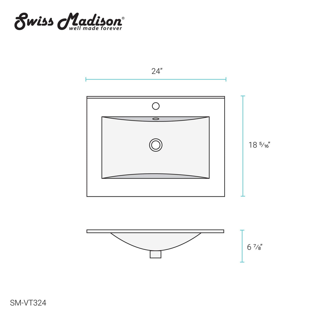 Swiss Madison Drop In Ceramic Well Made Forever Swiss Madison SM-VT324 Vanity Top, 18.5"D x 24.25"W x 6.75"H, Glossy White Swiss Madison