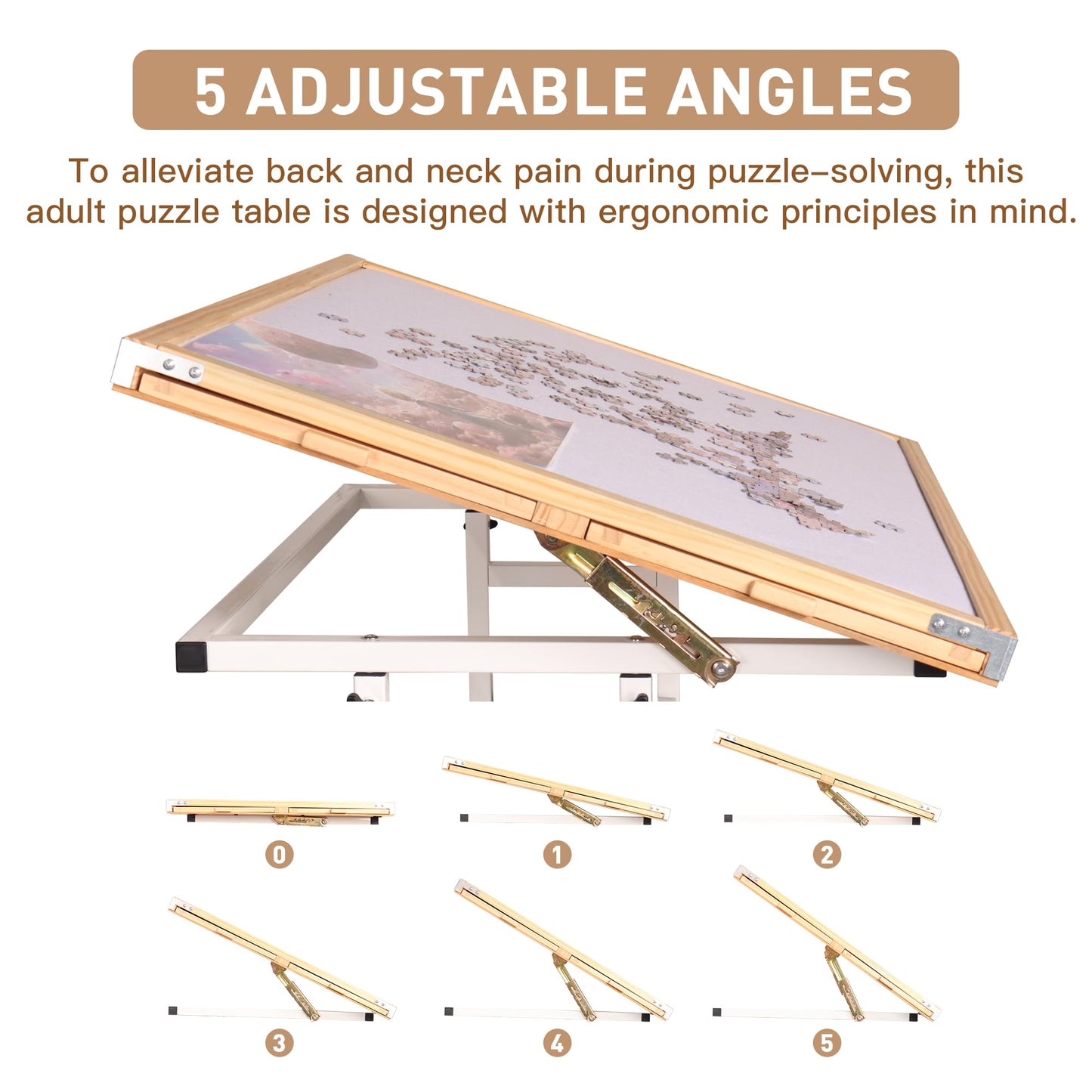 Mifuro 1500 PCS Puzzle Table/w Built-in Whiteboard， 26"x35" Height Adjustable Jigsaw Wooden Puzzle Board with Drawers and Wheels，5-Tilting-Angle Enclosed Jigsaw Puzzle Desk for Adults，White - WoodArtSupply