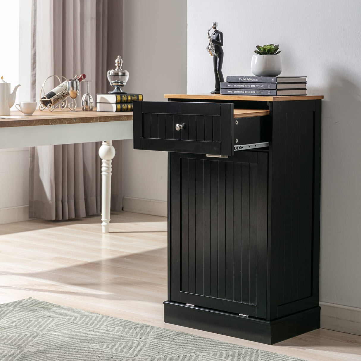 Trash Cabinet Tilt Out Freestanding, Pet Proof Kitchen Trash Cabinet Laundry Hamper with Cutting Board, Wood Garbage Recycling Station Hideaway Trash Holder Drawers (1, Black) Gitua