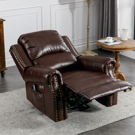 HAOMARKETS Classic Power Recliner Chair with Massage and Heat, Breathable Faux Leather Electric Recliner with USB Port, Overstuffed Reclining Sofa with Rivets for Living Room HAOMARKETS