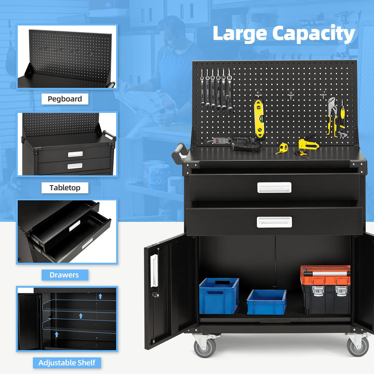 JFHID Work Bench for Garage with Pegboard Drawers and Cabinets Heavy Duty Metal Frame Tool Bench for Shop Kitchen Cabinets Organizer Work Table with Wheels (White Handle) JFHID