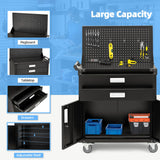 JFHID Work Bench for Garage with Pegboard Drawers and Cabinets Heavy Duty Metal Frame Tool Bench for Shop Kitchen Cabinets Organizer Work Table with Wheels (White Handle) JFHID