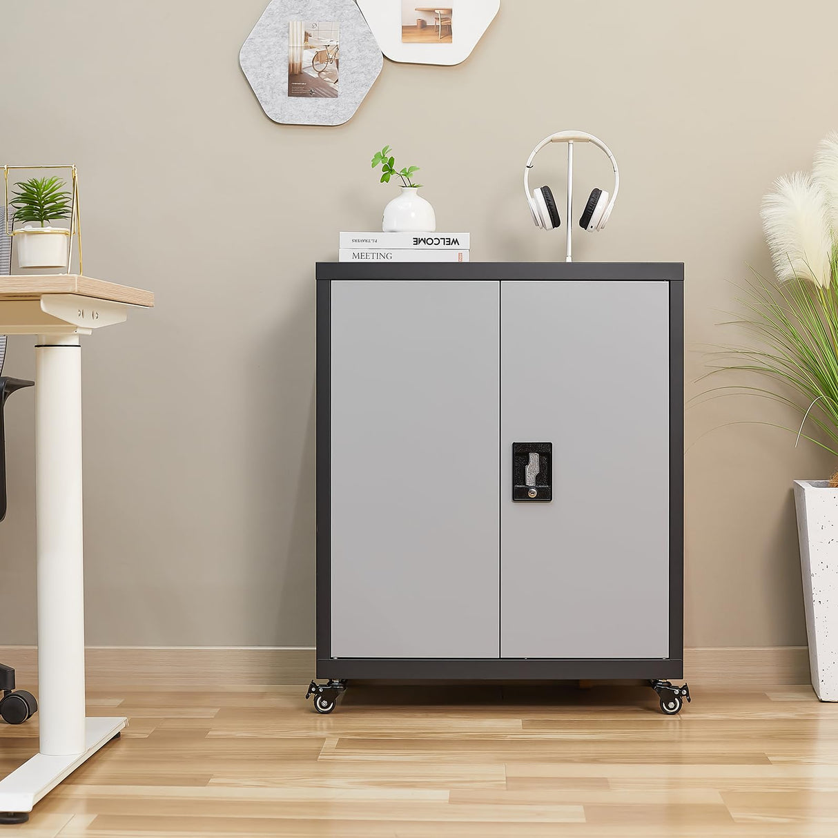 GREATMEET Metal Storage Cabinet with Locking Doors and Wheels,Garage Cabinet with Shelves for Home Office, Gym, School,Black+Grey GREATMEET