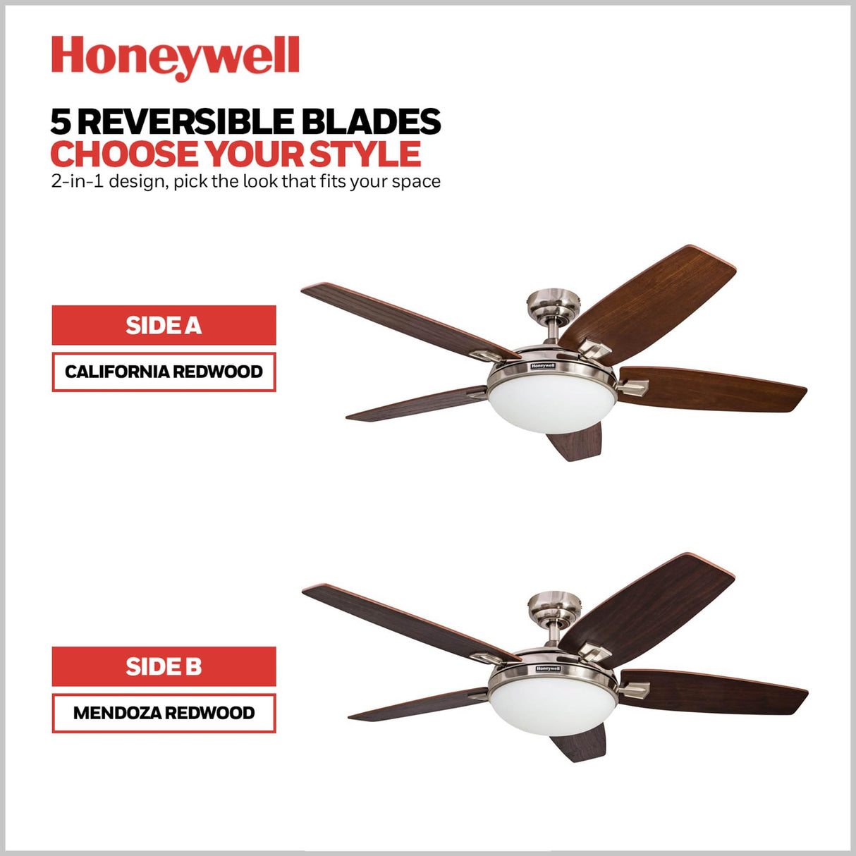 Honeywell Ceiling Fans Carmel, 48 Inch Contemporary Indoor LED Ceiling Fan with Light, Remote Control, Dual Mounting Options, Dual Finish Blades, Reversible Motor - 51920-01 (Brushed Nickel) Honeywell