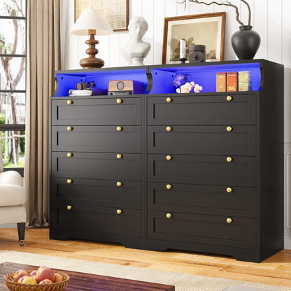 EnHomee Dresser, Black Dresser with LED, Bedroom Dressers & Chests of Drawers, Tall Dresser with 5 Wood Drawers, Black Dresser for Bedroom, 5 Drawer Dresser, Tall Dressers for Bedroom