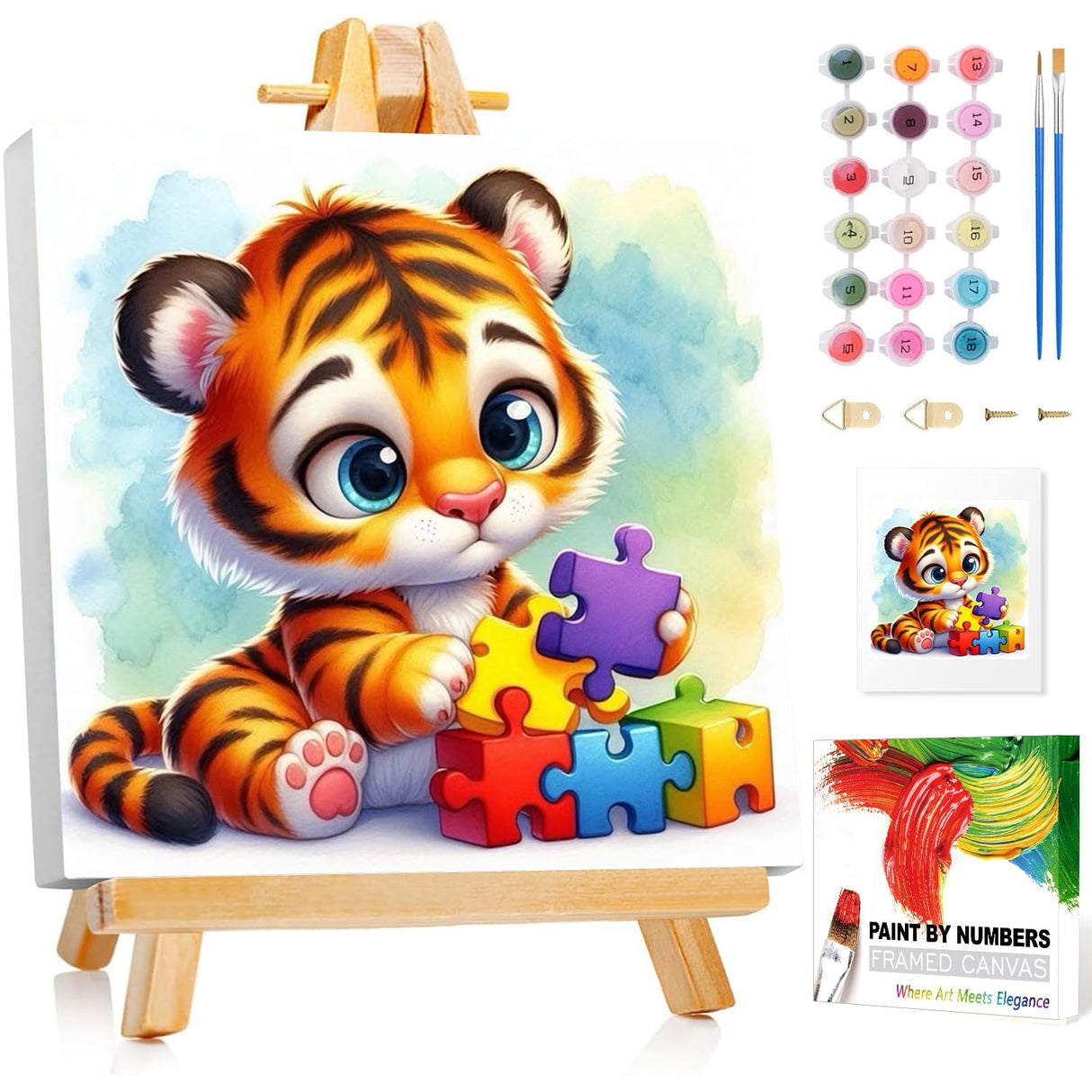 Reivworl Tiger Paint by Numbers Kit for Kids, Tiger Paint by Number with Frame and Easel, Paint by Number Kids Age 5-8-12 for Gifts and Decor (8X8 Inch) Reivworl