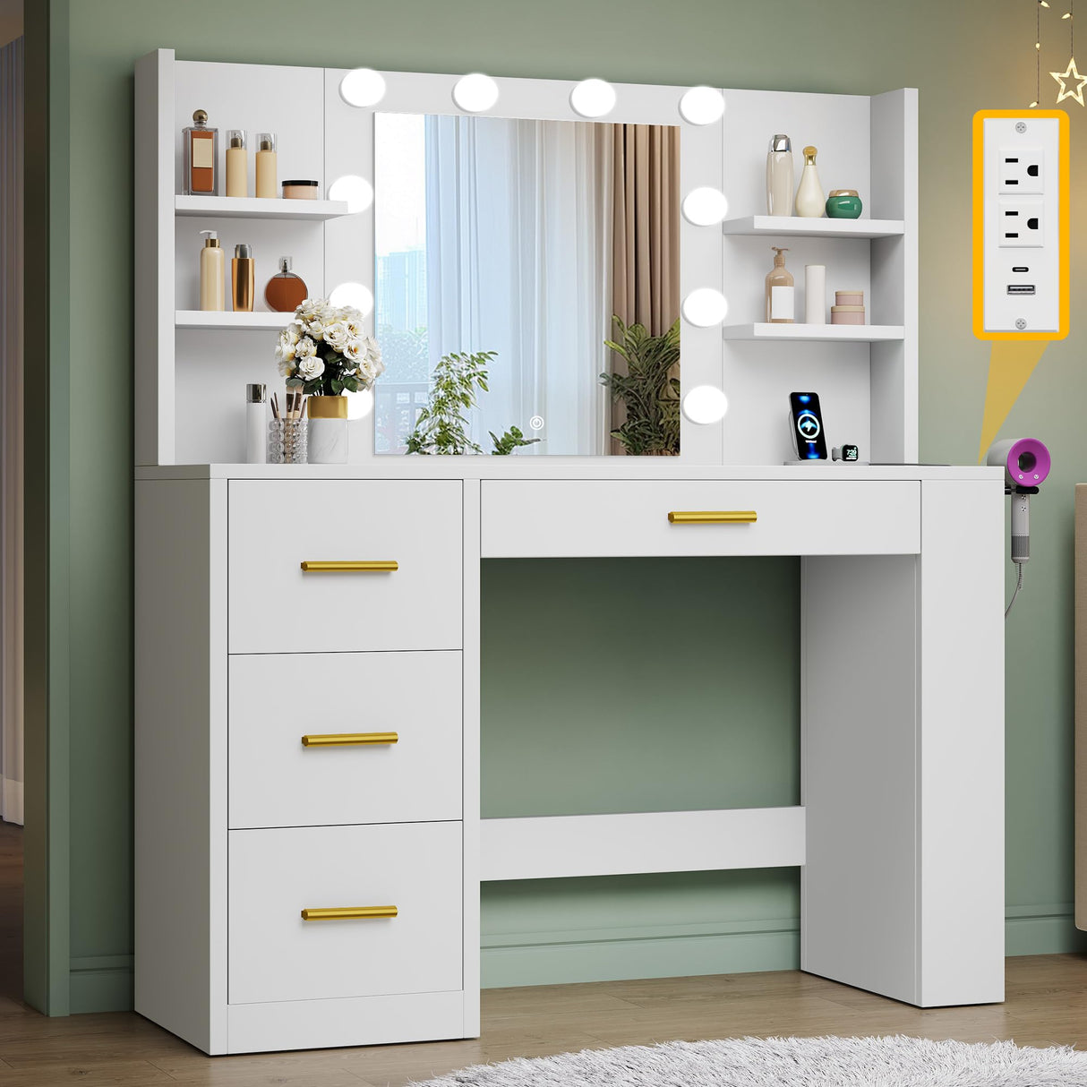 YITAHOME Vanity Desk with 22" Mirror, LED Lights and Power Outlet, Makeup Table with 4 Drawers, Adjustable 3 Lighting Colors, Vanity Table with Open Storage Shelves for Bedroom Dressing Room, White YITAHOME