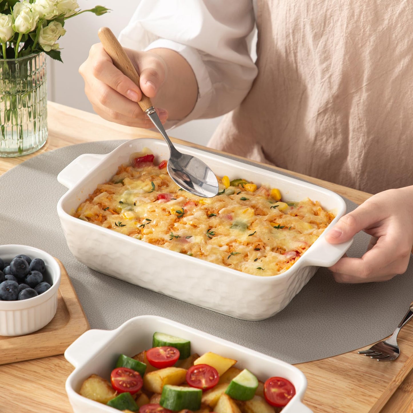 YUN TAO Casserole Dishes for Oven, Porcelain Baking Dishes, Ceramic Bakeware, Rectangular Lasagna Pans Deep with Handles for Baking Cake Kitchen,Cake Dinner,3-Piece (Set of 3, White)