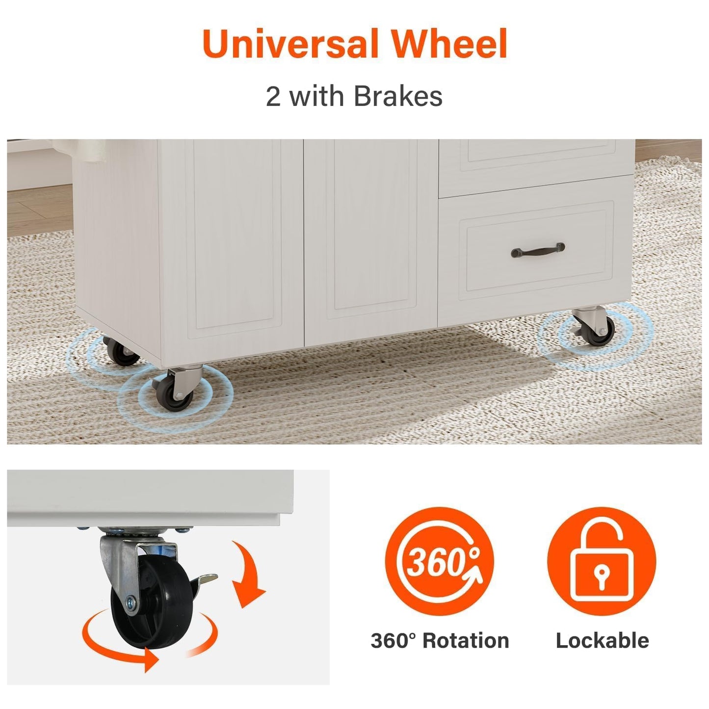 4 EVER WINNER Kitchen Island Cart on Wheels with Storage and Drop Leaf, 43" Rolling Kitchen Cart with Spice Rack & Towel Rack & 3 Drawers, White