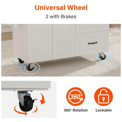 4 EVER WINNER Kitchen Island Cart on Wheels with Storage and Drop Leaf, 43" Rolling Kitchen Cart with Spice Rack & Towel Rack & 3 Drawers, White