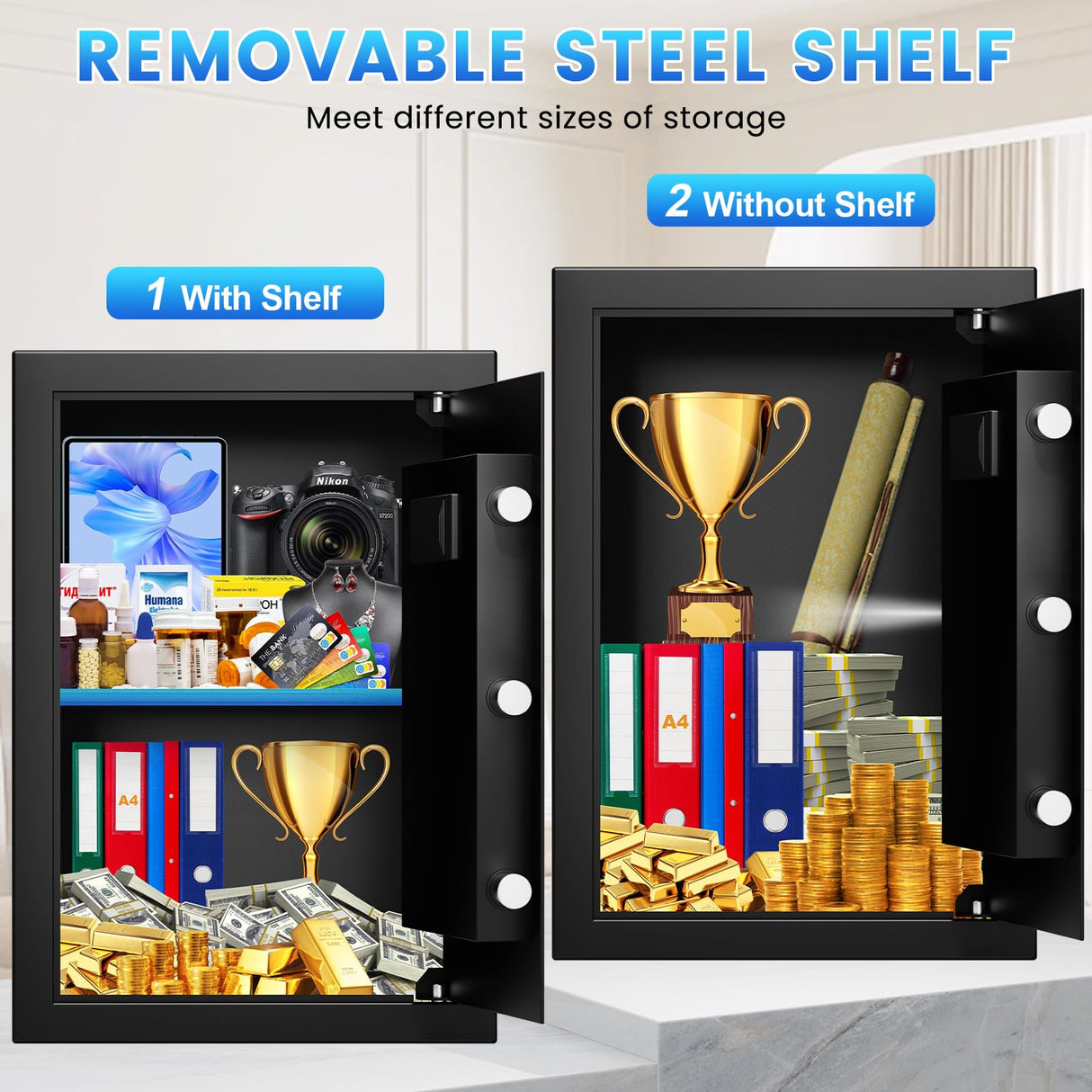 3.0 Cuft Large Biometric Safe Box, Personal Safes for Home Use Fire and Water Proof with Fingerprint Lock, Fireproof Safe with Fireproof Waterproof Bag, Security Safety Box for Home Office Mitlvge