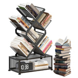 HI NINGER Folding Bookshelf,6 Tier Tree Bookshelf with Storage Cabinet,Small Bookcase Tower for Books/CDs/Movies, Floor Standing Book Shelf for Bedroom/Living Room/Home Office (Black, 6 Tier) HI NINGER