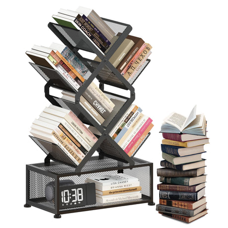 HI NINGER Folding Bookshelf,6 Tier Tree Bookshelf with Storage Cabinet,Small Bookcase Tower for Books/CDs/Movies, Floor Standing Book Shelf for Bedroom/Living Room/Home Office (Black, 6 Tier) HI NINGER