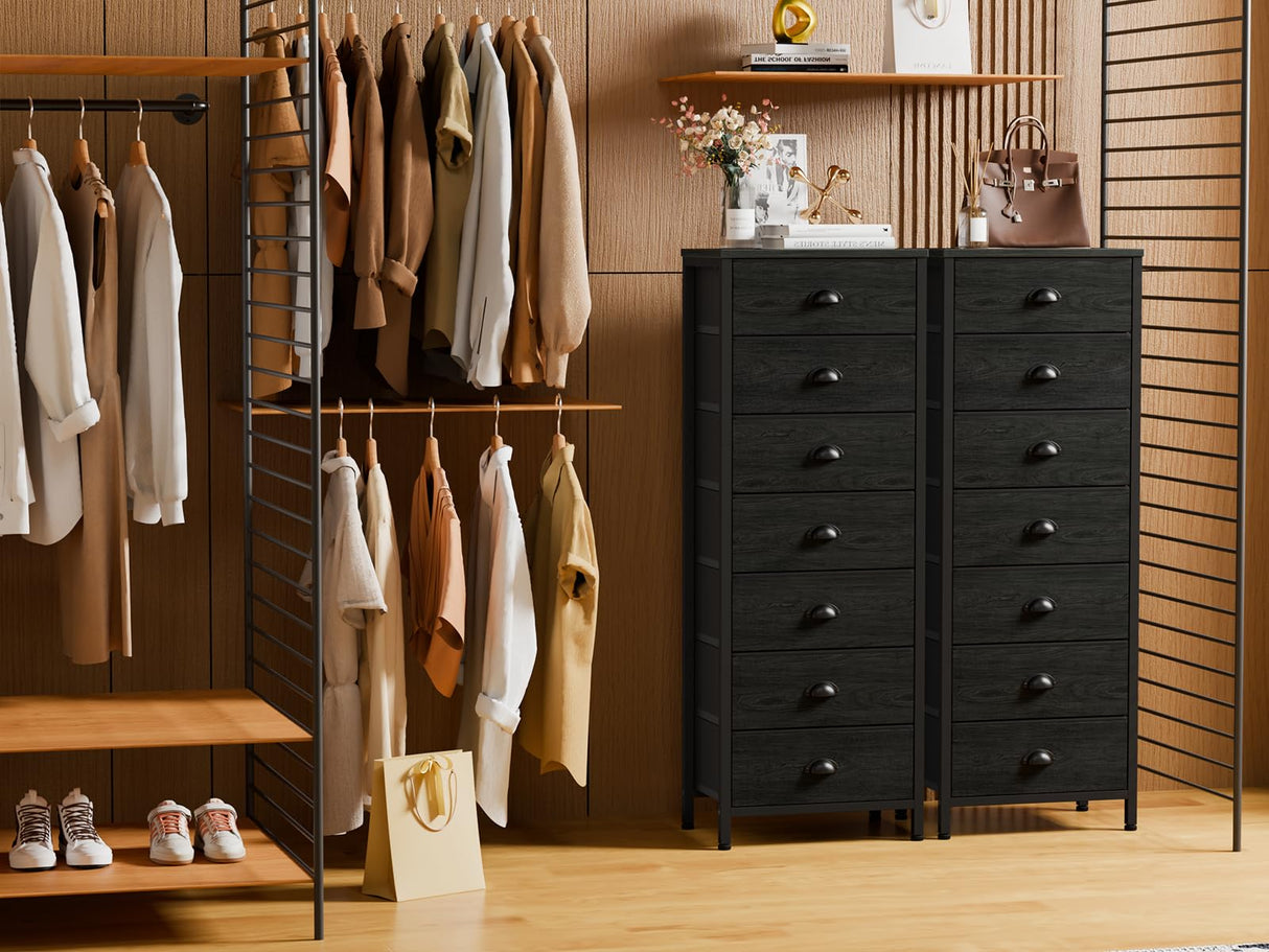 Furnulem Bedroom Dresser, Tall Dressers & Chests of Drawers with 7 Fabric Bins, Black Dresser Organizer in Closet,Dorm,Living Room,Nursery,Hallyway-Storage Tower Unit Sturdy Steel Frame, Black Oak Furnulem