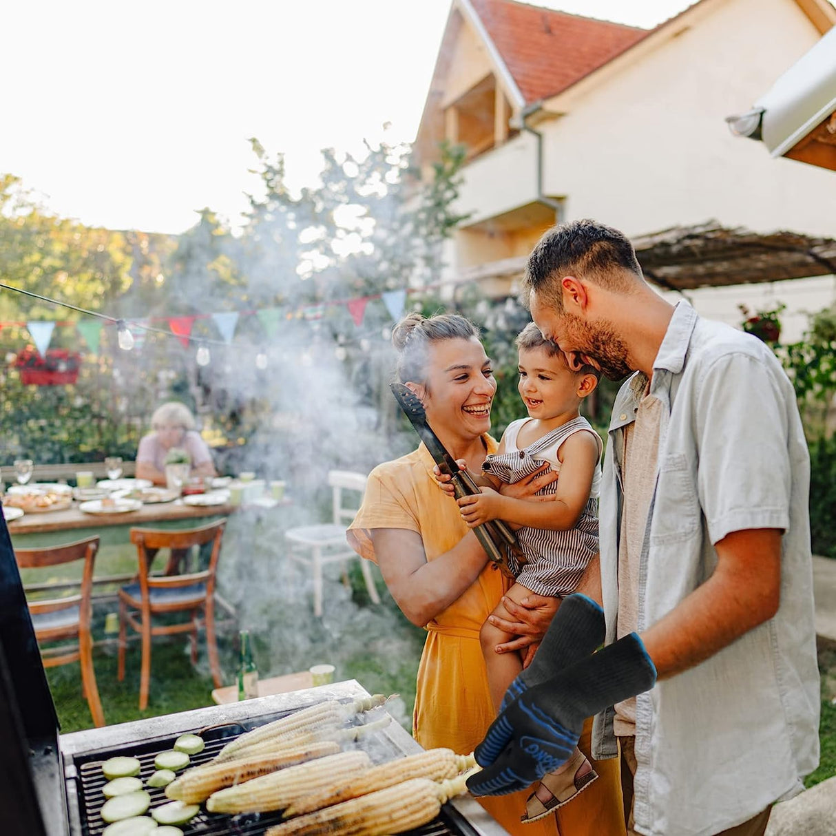 1472°F Extreme BBQ Gloves Grill Gloves Oven Safety Gloves, Cut Resistant BBQ Gloves with Non-Slip Silicone for Grilling, Frying, Baking, Fireplace, Cooking (2 pieces set) (Black Strips Long) HIGHLOONG