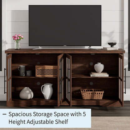 LUXOAK 63" Farmhouse TV Stand with 4 Glass Doors, Modern Buffet Sideboard Cabinet with Storage, Entertainment Center with Adjustable Shelf for TV's up to 75", Espresso - WoodArtSupply