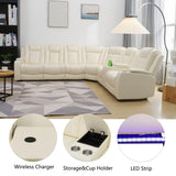 Leather Reclining Sofa with LED,Power Recliner Sectional Couch for Living Room,Reclining Couches with Read Light/Charging/Hide-Away Storage (Cream-White, Sectional) Pon Living Furniture Inc