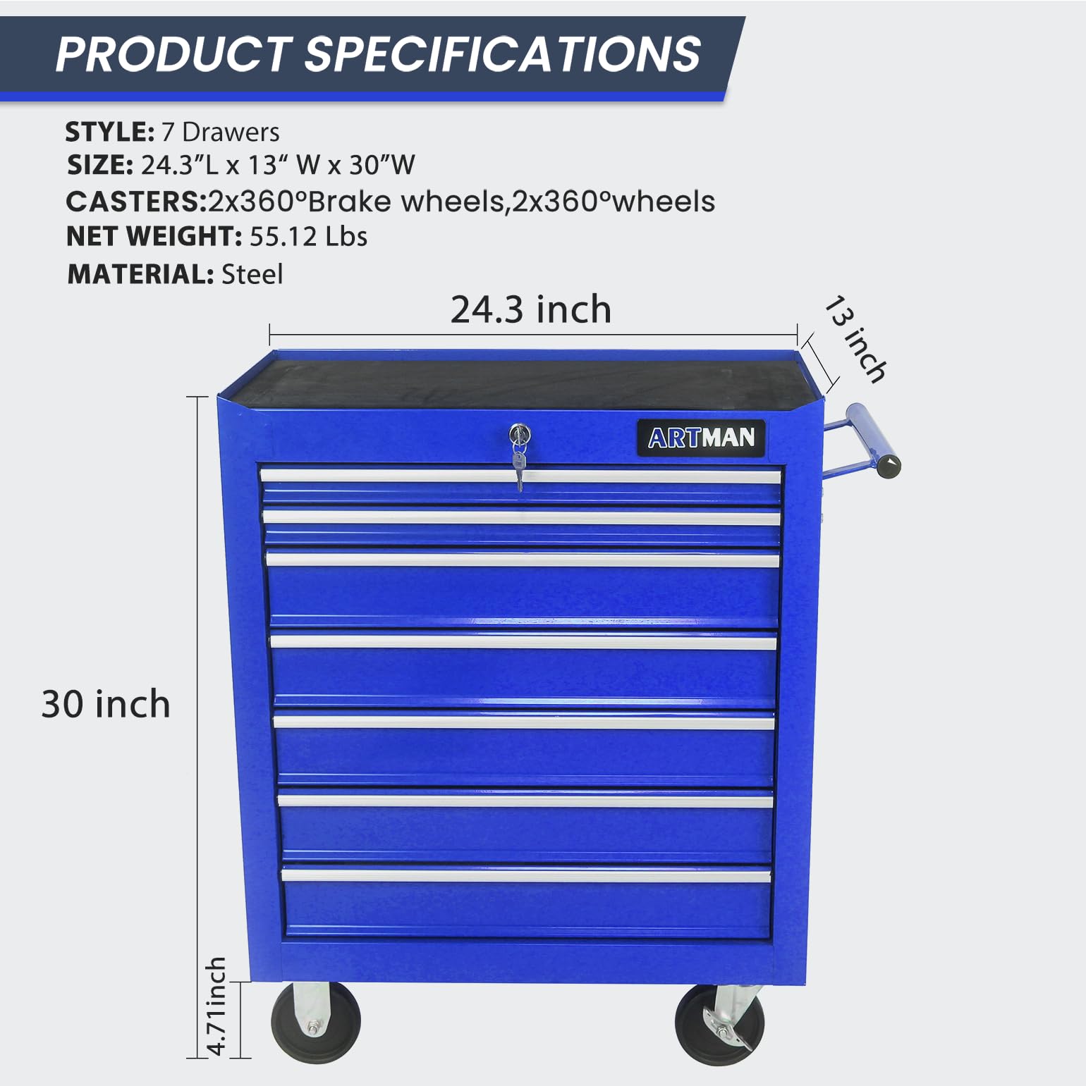 SumKea 7 Drawer Tool Cart, with Key Locking and Parking Brake, Suitable for Garages, Warehouses, Workshops, Repair Shops Tool Chest with Drawers, Blue - WoodArtSupply