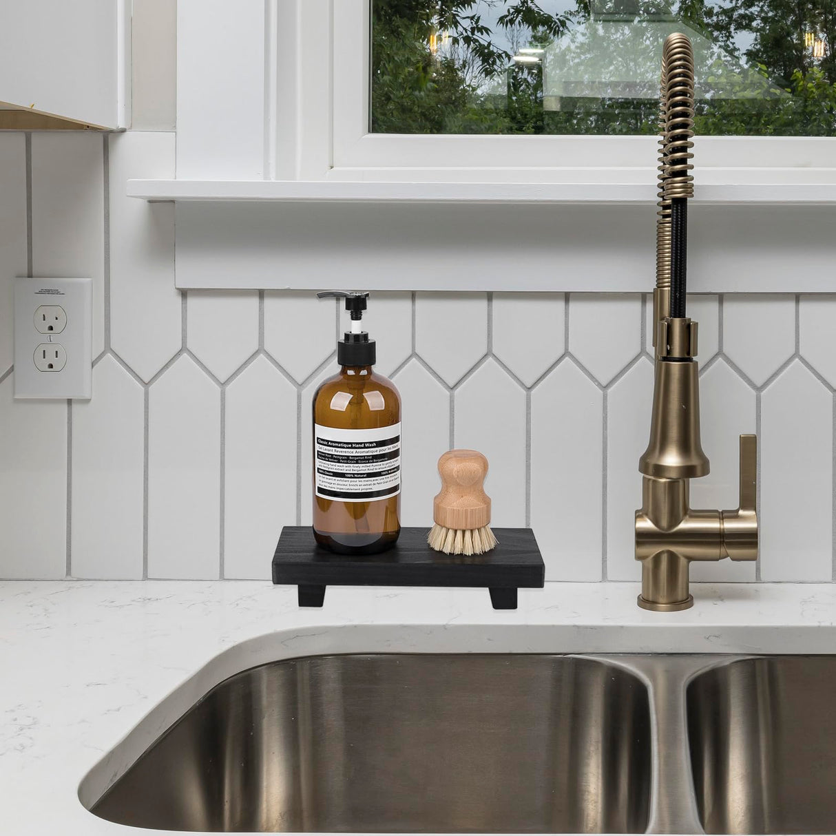 Bathroom Counter Organizer Wood Pedestal Stand Farmhouse Decorative Tray Soap Holder for Kitchen Decor, Small, Black zoocatia