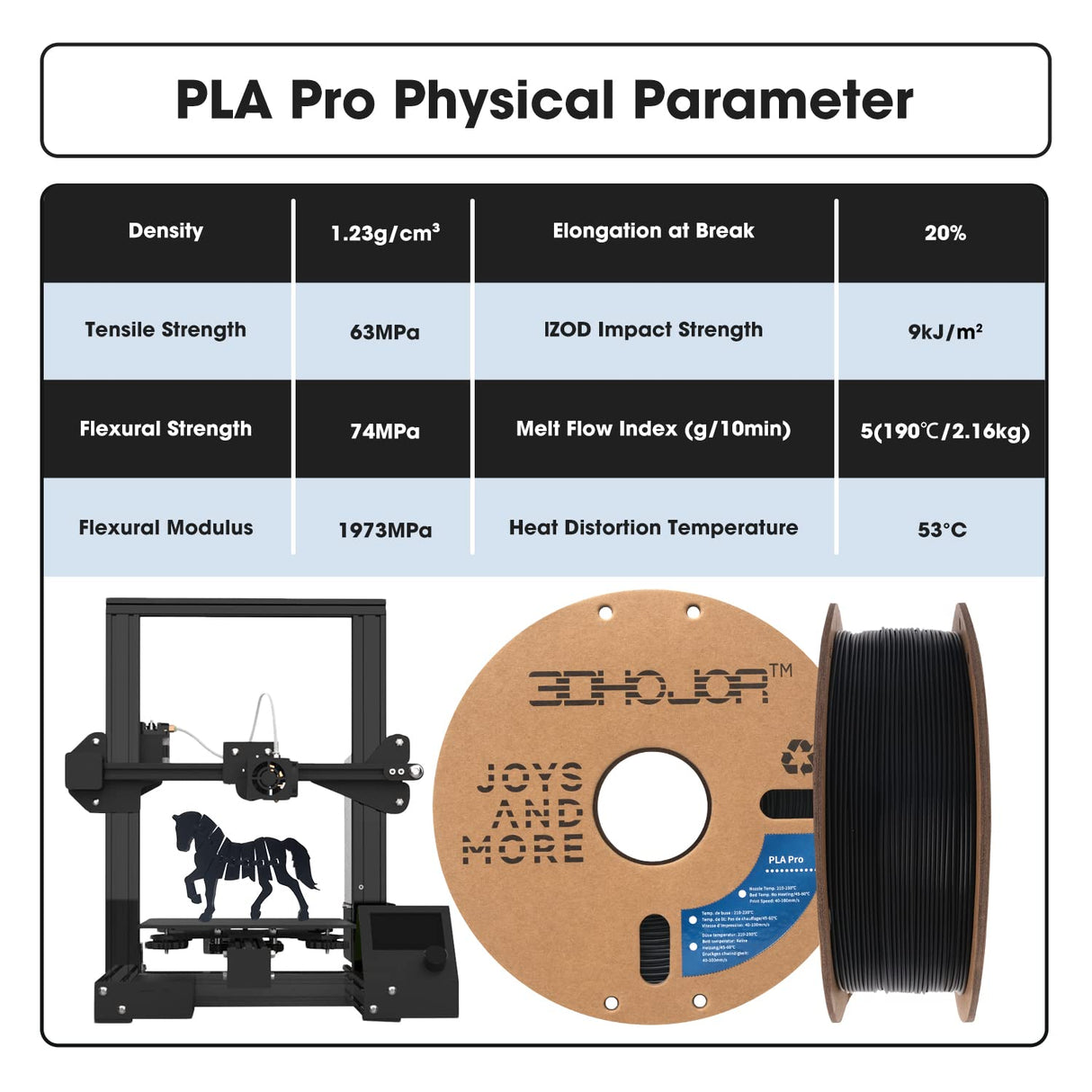 3DHoJor PLA Pro Filament 1.75mm (PLA+ Filament), 1kg 3D Printer PLA Filament, 3D Printing Filament, Cardboard Spool, Dimensional Accuracy +/- 0.03 mm, Fit Most FDM 3D Printer-Black 3DHoJor