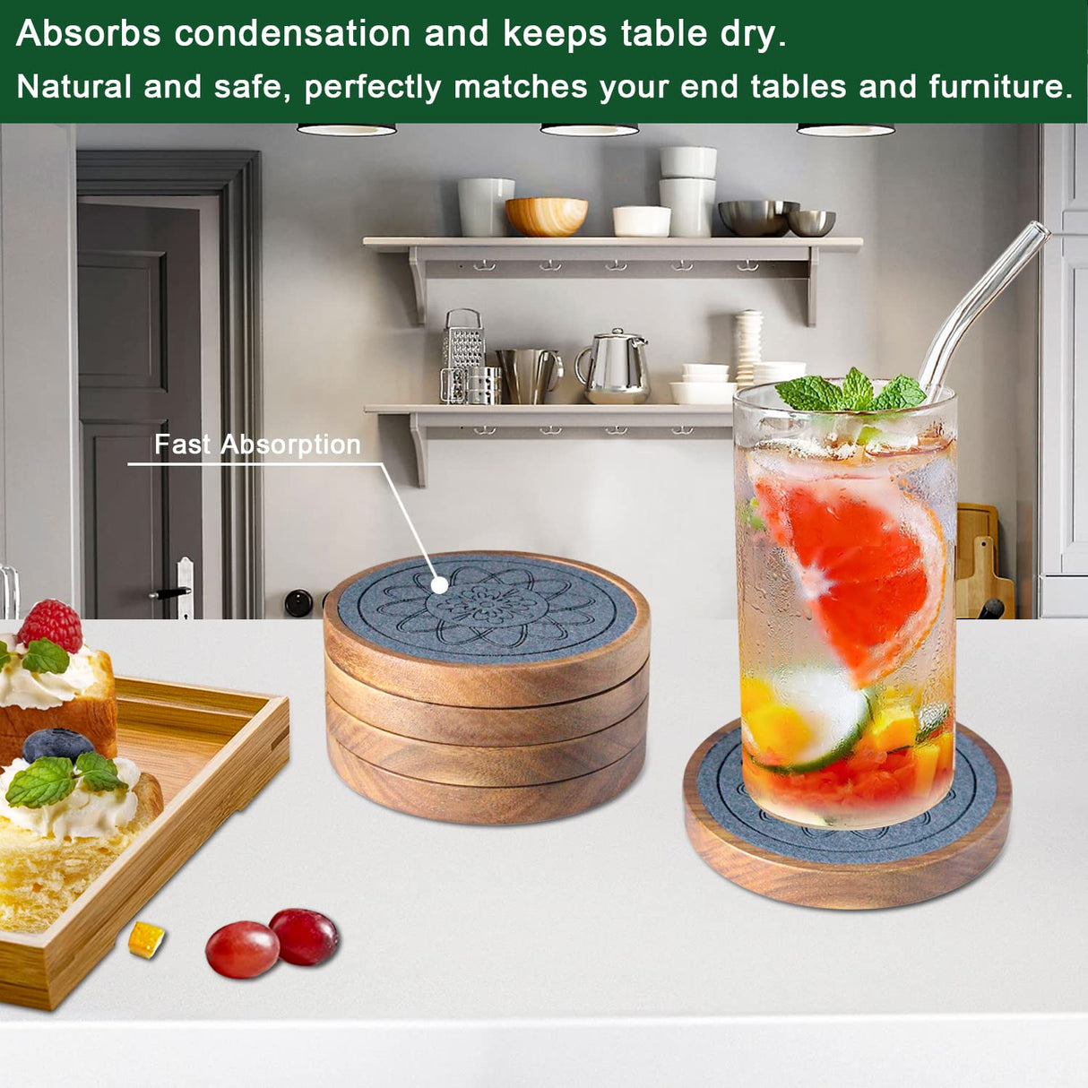 EDEGG Wood Coasters for Drinks, Absorbent Coaster Sets of 5, Drinks Coasters for Coffee Tabletop Protection, Non-Slip, Non-Stick, Suitable for Kinds of Cups Wooden Table Hot or Cold Drink, 4.3 Inches EDEGG