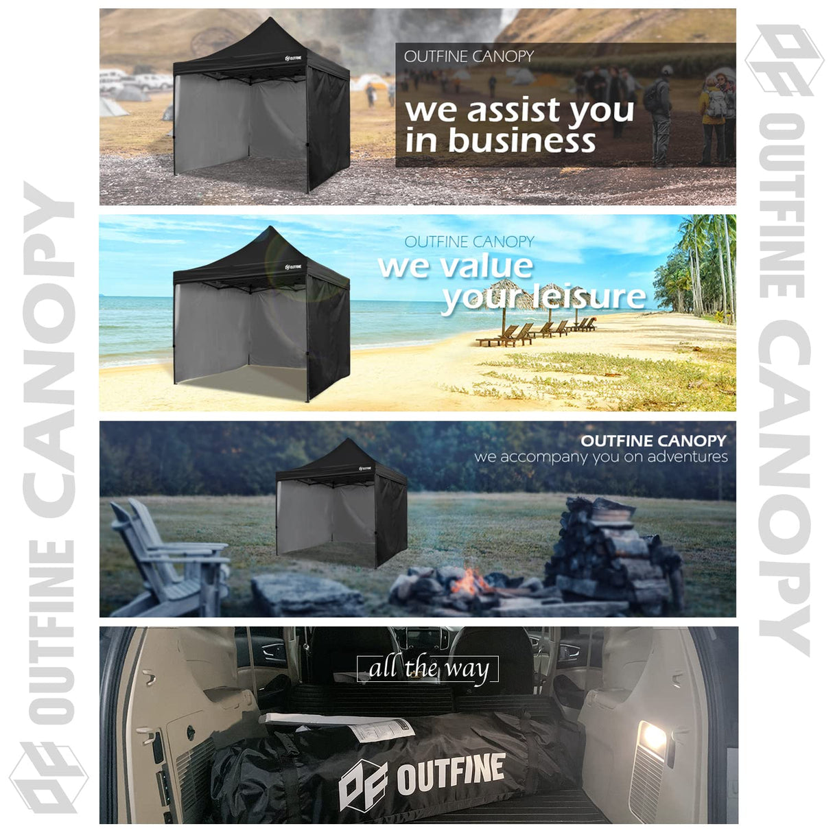 OUTFINE Heavy Duty Canopy 10x10 Pop Up Commercial Canopy Tent with 3 Side Walls Instant Shade, Bonus Upgrade Roller Bag, 4 Weight Bags, Stakes and Ropes (Black, 10 * 10FT) OUTFINE