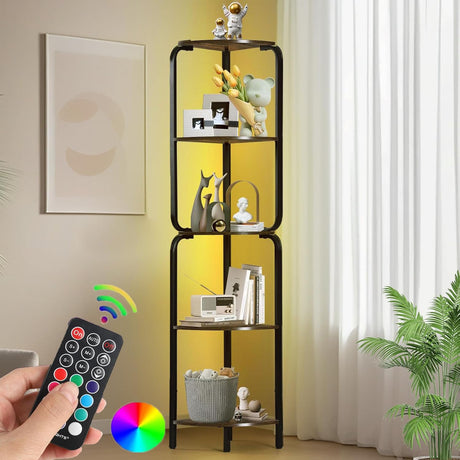 szrisi Corner Shelf with LED Light，5 Tier Corner Shelves Black for for Living Room, Bedroom, Home Decor, Corner Bookshelf 64" Metal Display Corner Shelf Stand szrisi
