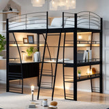DNYN Full Size Loft Bed with Desk & Shelves & Sockets & USB Ports & Wireless Charging Design,Sturdy Metal Bedframe w/Ladder & Safety Guardrails,Perfect for Dorm,Bedroom,Guest Room, Black DNYN