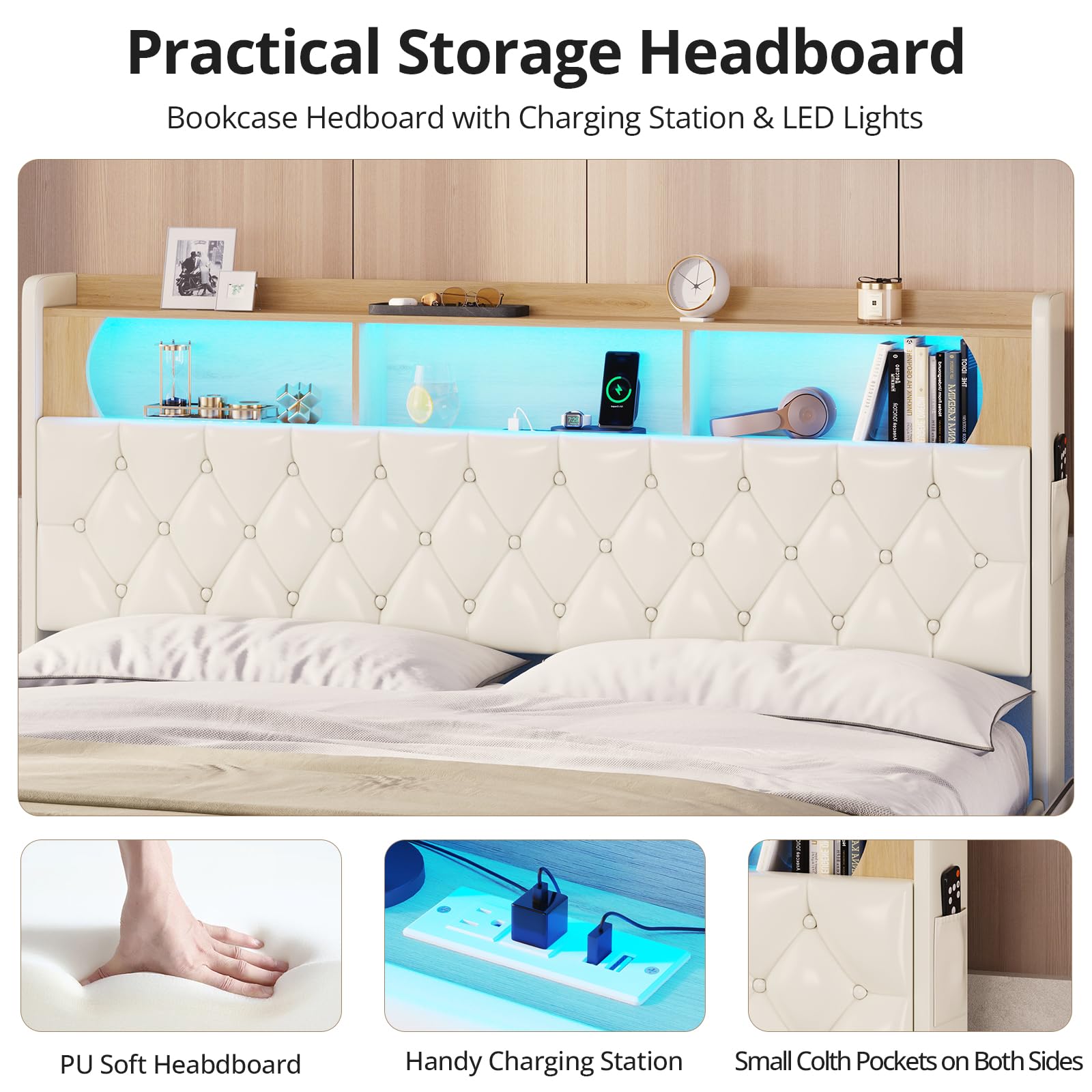 BTHFST Floating Bed Frame with LED Headboard, USB Charging, and Storage Solutions - WoodArtSupply