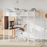 Merax Full Size Metal Loft Bed with 2 Shelves and one Desk,Full Loft Bed,Easy Assembly, No Box Spring Needed, White Merax