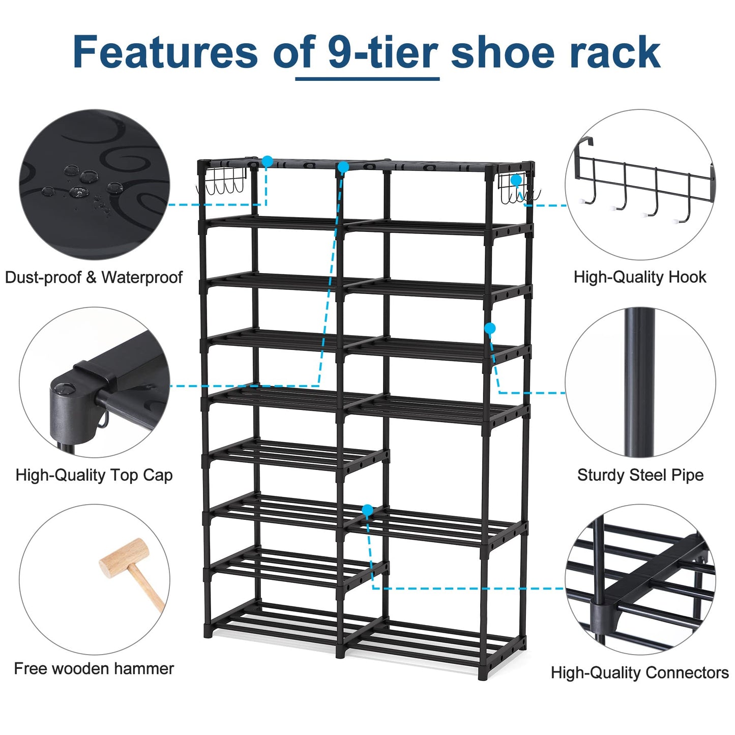 Tribesigns Shoe Rack Organizer, 32-40 Pairs Storage Shelf, 9 Tiers Stand, for Closet, Boot Organizer with 2 Hooks, Stackable Tower - WoodArtSupply