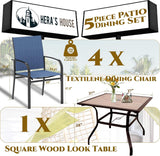 HERA'S HOUSE Outdoor Dining Set 5 Piece Patio Table and Chairs Set, 4 x Textilene Dining Chair, 37" Square Wood Look Dining Table, for Lawn Garden Backyard Deck (Blue Chair x 4, 37" Square Table) HERA'S HOUSE