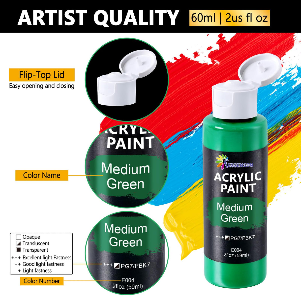 ESSENSON Acrylic Paint, 18 Colors Acrylic Paint Set, 2oz/59ml Bottles, Premium Acrylic Paints for Artists, Beginners and Adults on Canvas Rocks Wood Ceramic Fabric ESSENSON