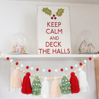 Christmas Tassel Garland Banner with Wood Beads and Pom Pom Garlands Wall Hanging Home Decor for Christmas