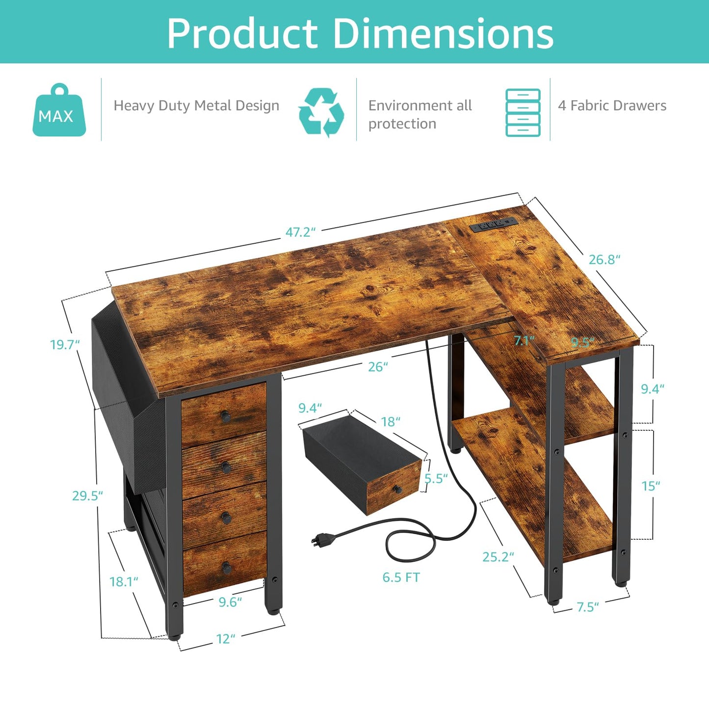 Lufeiya L Shaped Desk with Drawers & Storage Shelves, 47 Inch Corner Computer Desk with Power Outlet for Home Office Bedroom, L-Shaped Gaming PC Desks with Fabric Drawer, Rustic Brown - WoodArtSupply