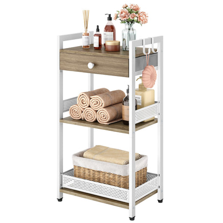 FAVOOSTY 3-Tier Bathroom Ladder Shelf Floor Storage Shelf with Drawer Freestanding Shelving Unit Bookcase End Table for Bathroom Living Room,Balcony-White FAVOOSTY