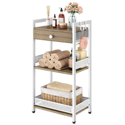 FAVOOSTY 3-Tier Bathroom Ladder Shelf Floor Storage Shelf with Drawer Freestanding Shelving Unit Bookcase End Table for Bathroom Living Room,Balcony-White