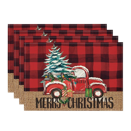 Artoid Mode Red and Black Buffalo Plaid Truck Merry Christmas Placemats Set of 4, 12x18 Inch Xmas Tree Winter Table Mats for Party Kitchen Dining Decoration Artoid Mode