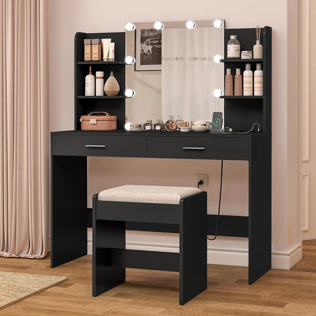 FIONESO Vanity Desk, Makeup Vanity Desk with Mirror & Lights, Vanity Desk with 2 Drawers & 6 Storage Shelves, Dressing Table with Power Outlet, for Women Girls, Bedroom, Black FIONESO