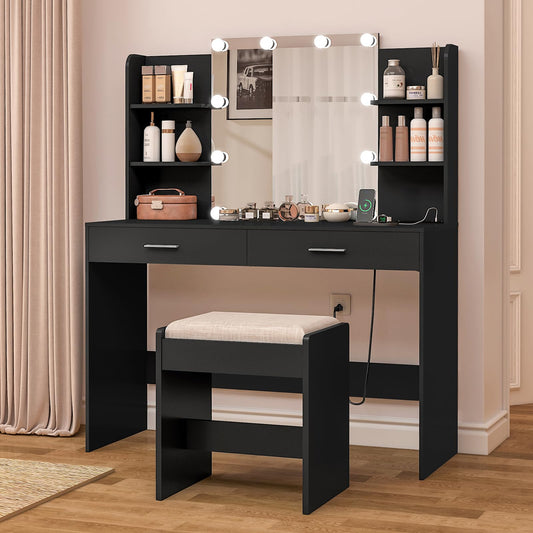 FIONESO Vanity Desk, Makeup Vanity Desk with Mirror & Lights, Vanity Desk with 2 Drawers & 6 Storage Shelves, Dressing Table with Power Outlet, for Women Girls, Bedroom, Black