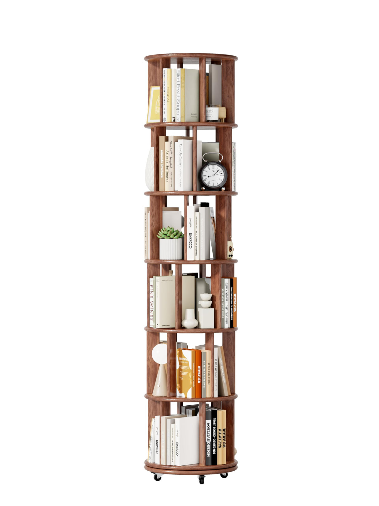 VireoNest 6 Tier Rotating Bookshelf, 100% Solid Wood Revolving Bookcase with Locking Wheels, 360° Spinning Bookshelf for Kids Room, Small Spaces, Corner Shelf for Bedroom, Office, Nursery, Walnut VireoNest