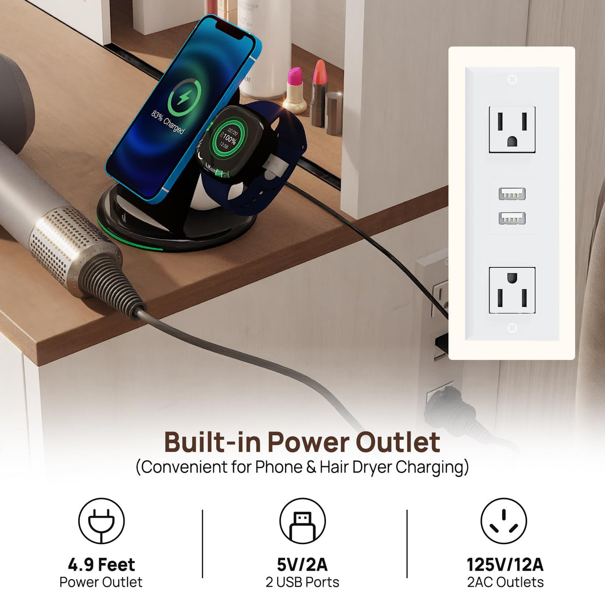 43" Farmhouse Makeup Vanity Desk with Lights and Chair, Vanity Table with Sliding Mirror and Power Strips, 3 Drawers & 2 Cabinets, Open & Hidden Shelves, Stool Included, White Dressing Table amzzar