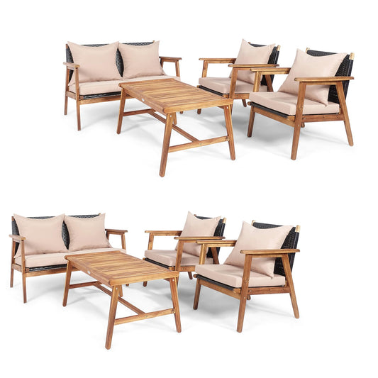 DORTALA 8 Piece Wicker Patio Furniture Set, Outdoor Acacia Wood & Rattan Coversation Sets with Chairs, Loveseat, Coffee Table for Backyard Porch Garden Poolside Balcony, Brown