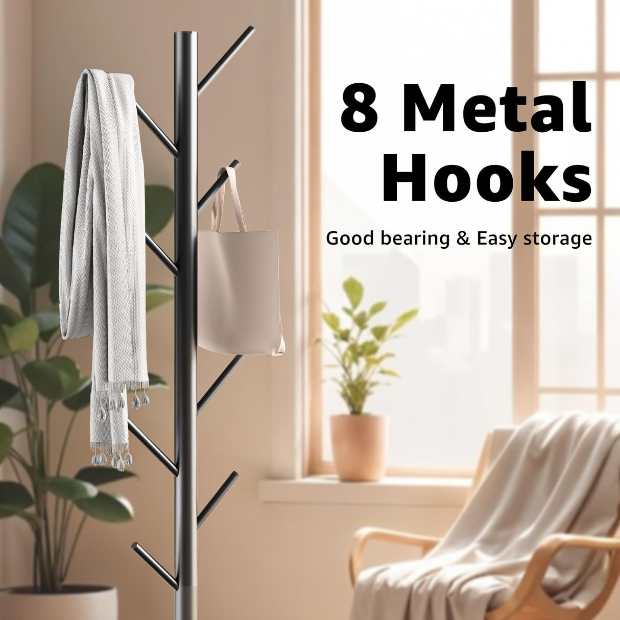 HzTinT Coat Rack with Natural Marble Base, Metal Freestanding Coat Rack with 8 Hooks, 3 Adjustable Size Sturdy Coat Tree for Bags, Coats, and Hats for Entryway, Hallway, Bedroom, Office, Black HzTinT