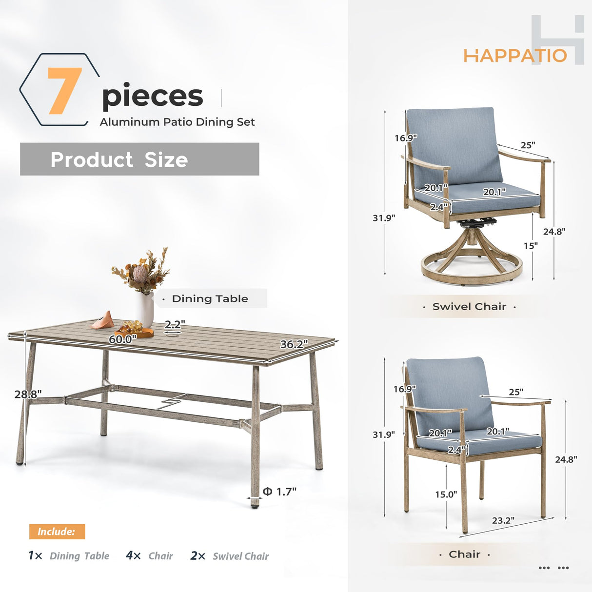 HAPPATIO 7-Piece Outdoor Dining Set for 6, Aluminum Patio Dining Set Includes 4 Dining Chairs, 2 Swivel Dining Chairs, and 1 Large Rectangular Table with Umbrella Hole, for Lawn Porch Backyard, Brown HAPPATIO