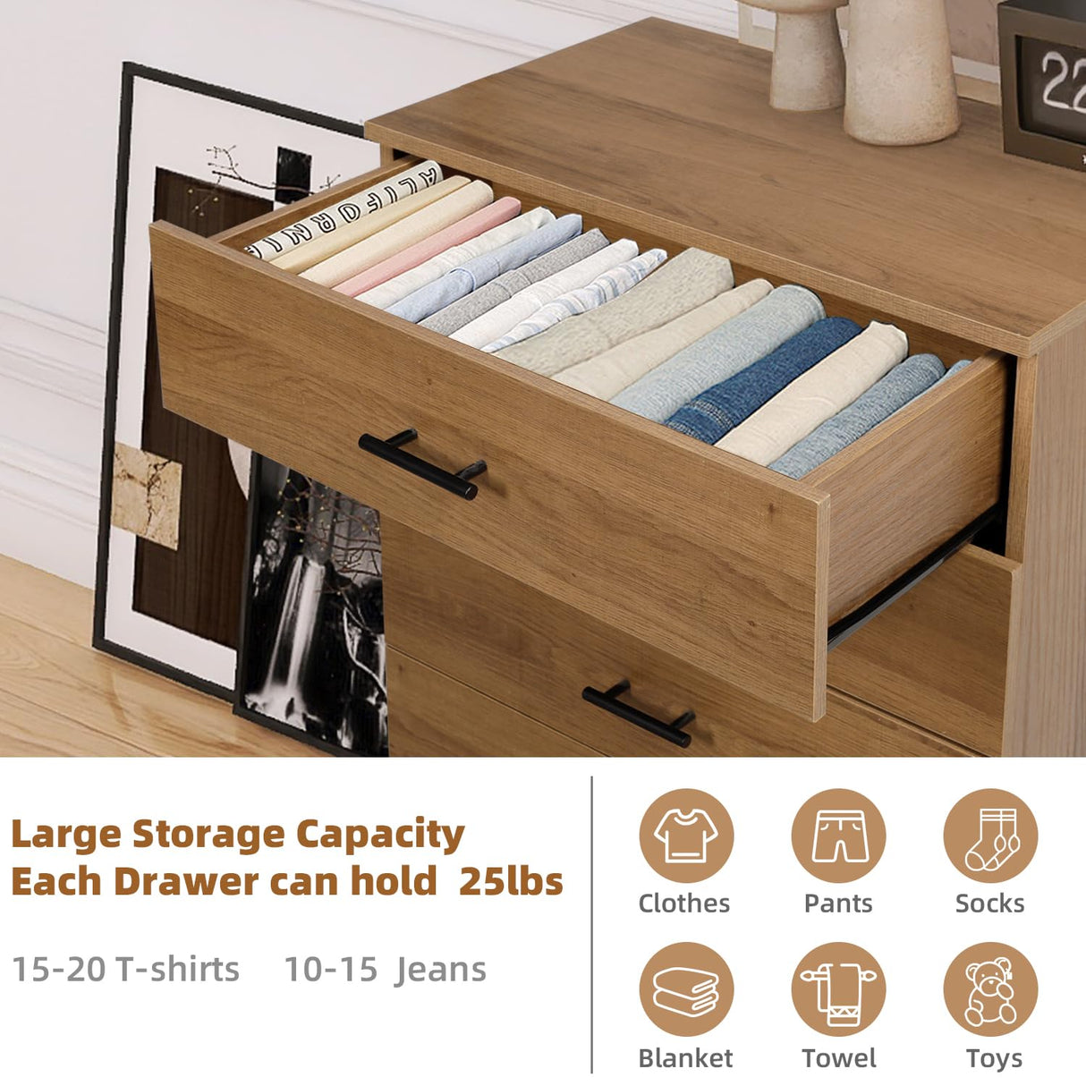 YIGOBUY Wooden Dresser for Bedroom Oak 4 Drawer Tall Dressers Small Chest of Drawers Modern Storage Cabinet Organizer Unit for Closet, Cloakroom, Entryway Comoda para Habitacion con Cajones YIGOBUY