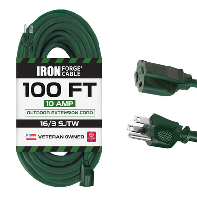 Iron Forge Cable Weatherproof Outdoor Extension Cord 100 ft, 16/3 SJTW Heavy Duty Green Extension Cord 3 Prong, Power Cable Great for Outside, Outdoor Lights, Lawn & Landscaping - US Veteran Owned