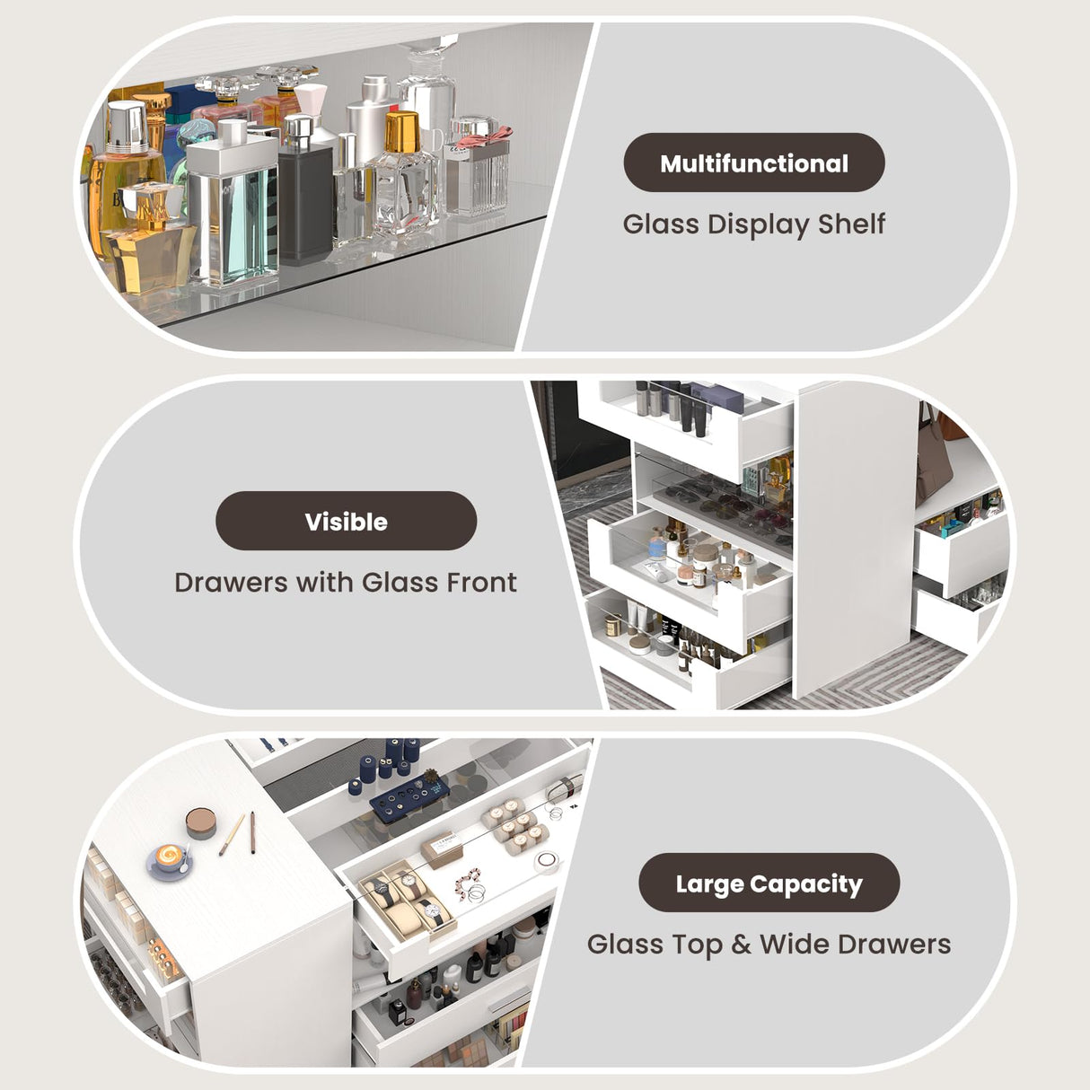 Closet Island with Drawers, 9 Drawers & 2 Shelves – White Jewelry Storage Vanity Island with Glass Top for Closet & Walk-in Wardrobe – 47.2" W x 23.6" D x 31.5" H GOFEI